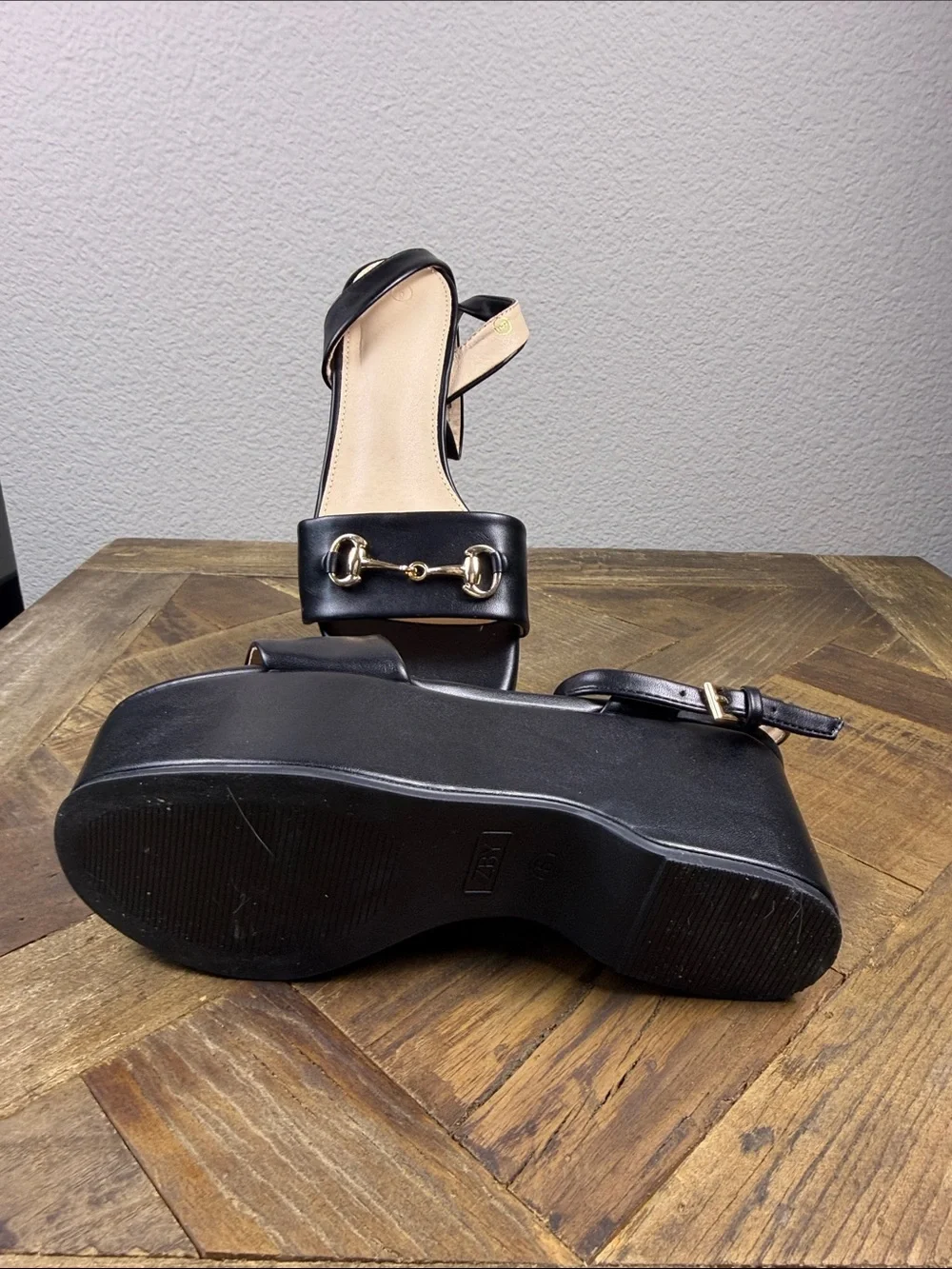 Size 6 ZBY Black Platform Sandals with Gold Bit Accent